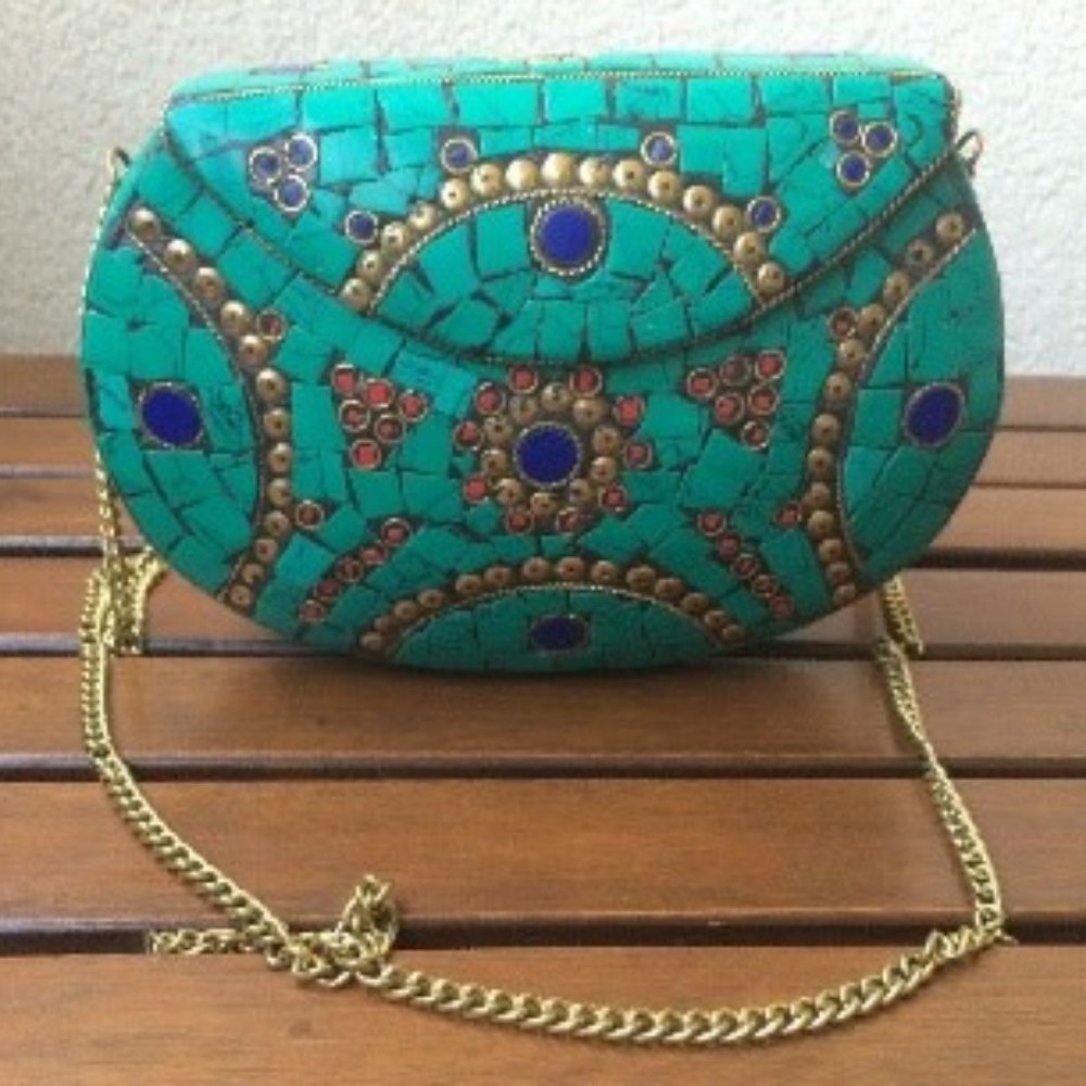 SFERA Mini Small Clutch Boxe Purse Turquoise Indian Craftmen Vintage look